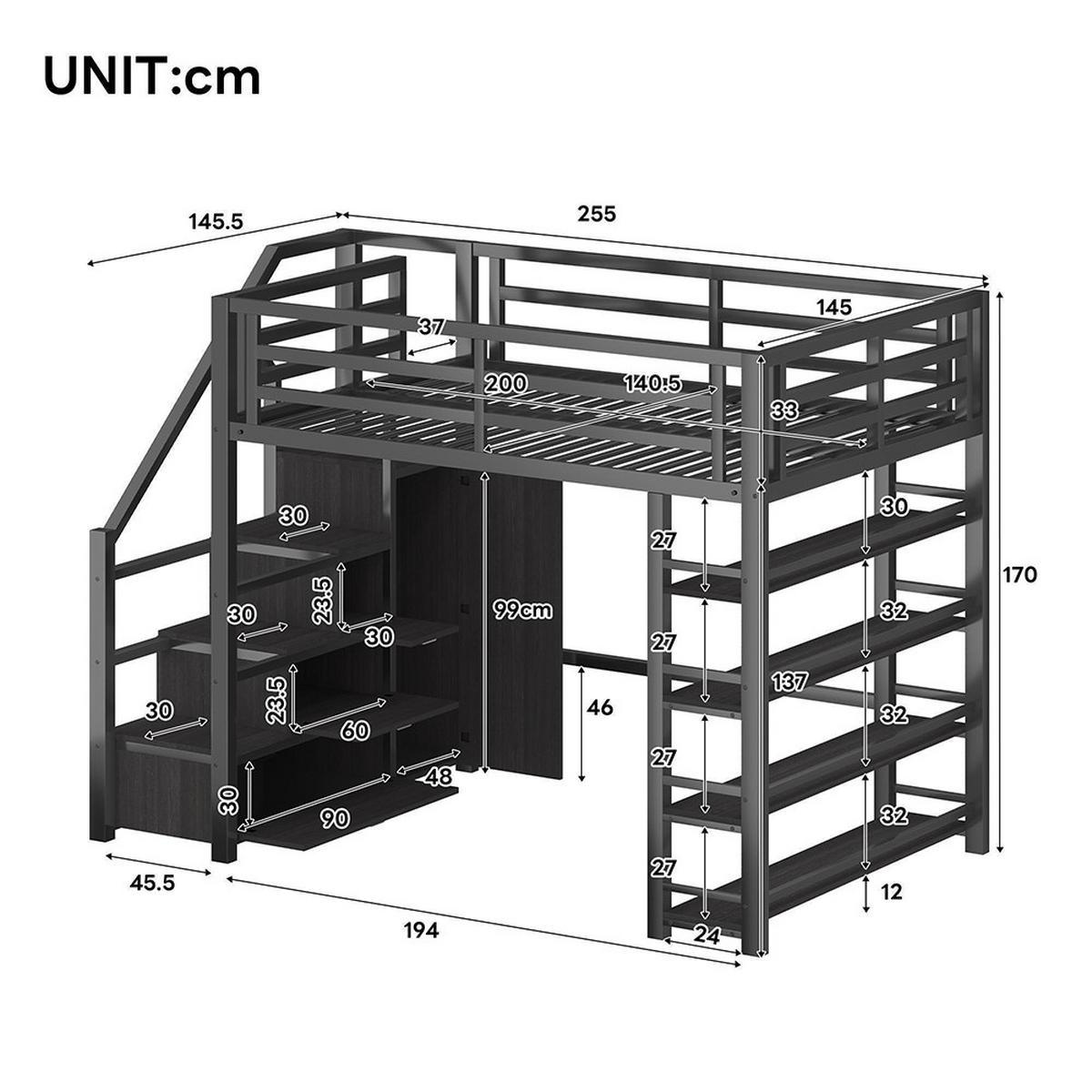 HOCHBETT 140X200 cm mit Ablagefächernund und LED-Beleuchtung, Schwarz - Schwarz, Metall (140/200cm) - KOMHTOM