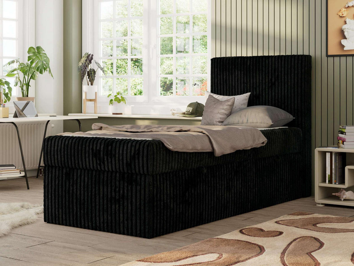 JUGENDBETT TILIO 90/200 - Schwarz - H3 - Rechts Seite - Schwarz, Textil (90/200cm) - MKS