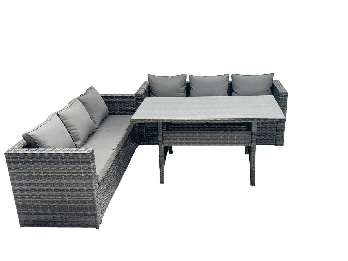 LOUNGEGARNITUR Polyrattan Dunkelgrau 6-Sitzer - Dunkelgrau/Grau, Glas/Kunststoff - Fimous