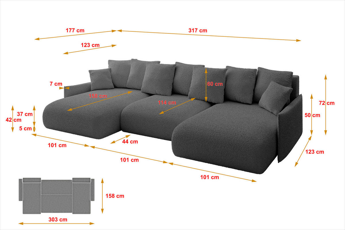 WOHNLANDSCHAFT mit Schlaffunktion und Bettkasten ONESK-U-v1 317x177x72 Grau Bouclé - Platinfarben, Holzwerkstoff/Kunststoff (317/72/177cm) - ALTDECOR