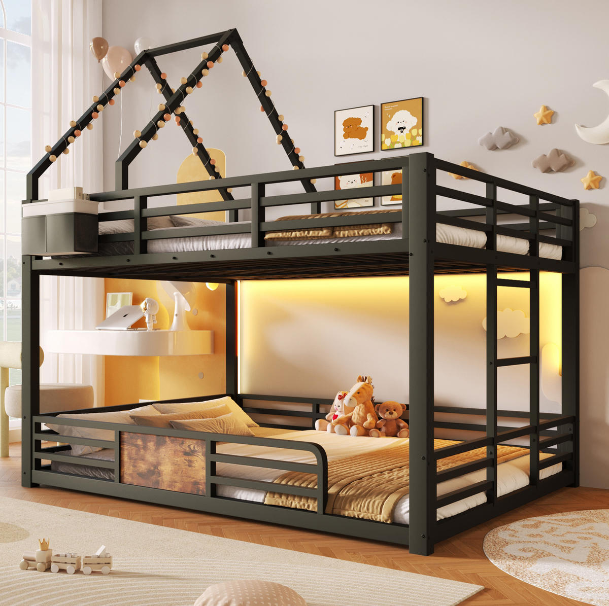 ETAGENBETT 140x200 cm in Schwarz mit LED-Beleuchtung und Hausbett-Design - Schwarz, Metall (140/200cm) - IVMEU