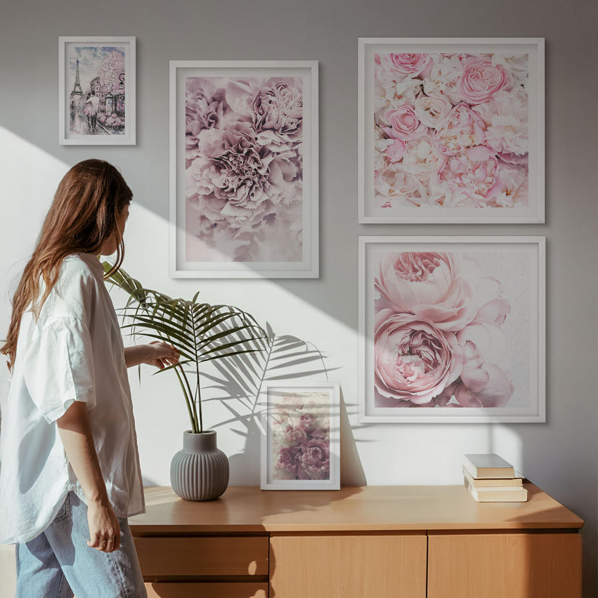 BILDER SET 5er Set - 50x50 cm & 20x30 cm & 40x60 cm Weißer Rahmen - Rosa Blumen, romantische Landschaft - Weiß, Kunststoff (40/60cm) - TULUP