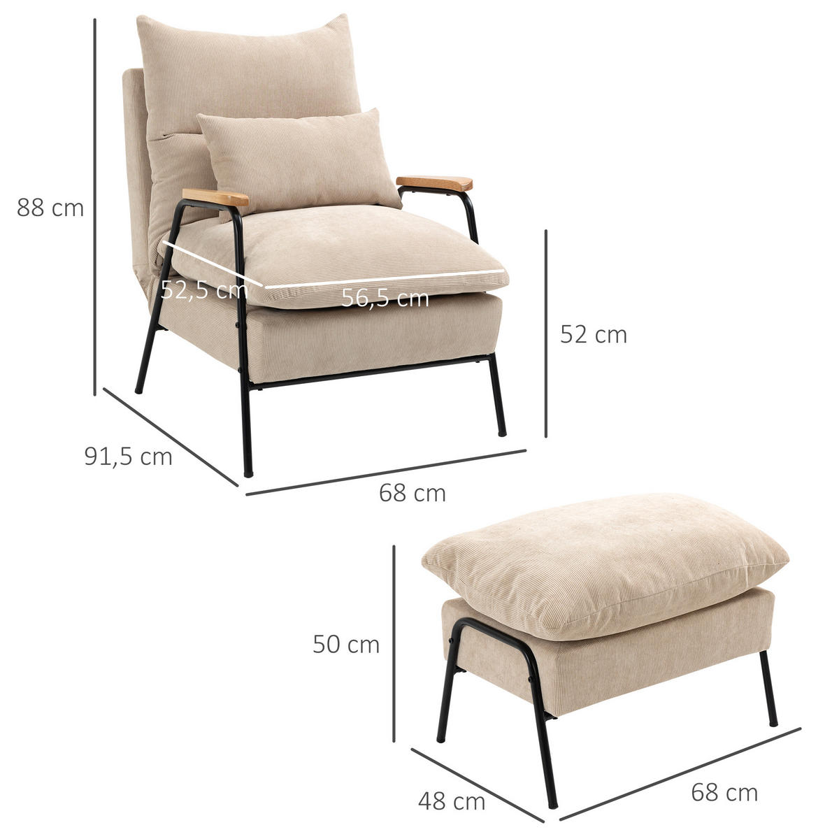 RELAXSESSEL mit Hocker Sessel mit Verstellbar Rückenlehne, Kissen für Wohnzimmer - Beige, Kunststoff (68/88/91.5cm) - HOMCOM