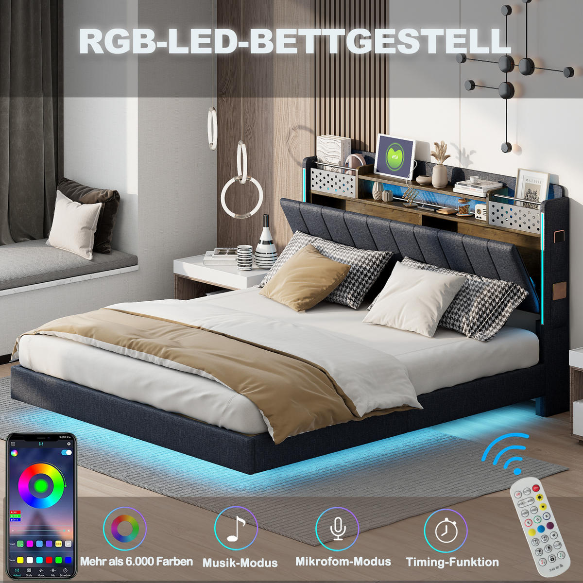 POLSTERBETT 140x200 cm mit LED, Steckdosen, Kopfteil-Stauraum, Dunkelgrau - Dunkelgrau, Holz (140/200cm)