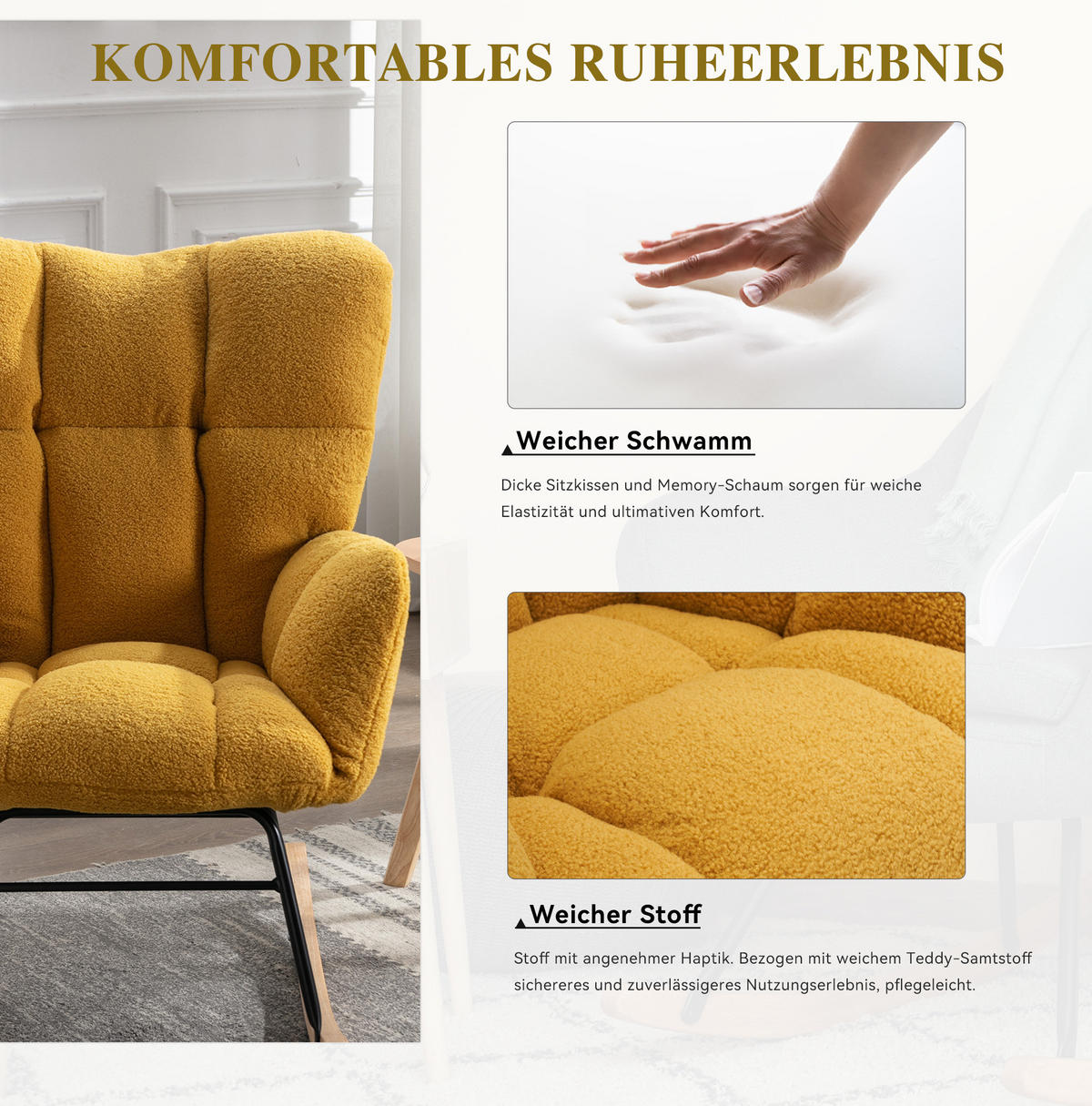 SCHAUKELSTUHL Teddy-Stoff mit hohem Rücken und Filzschutz 80/70/95 cm Gelb - Gelb, Textil (70/95/80cm) - Redom
