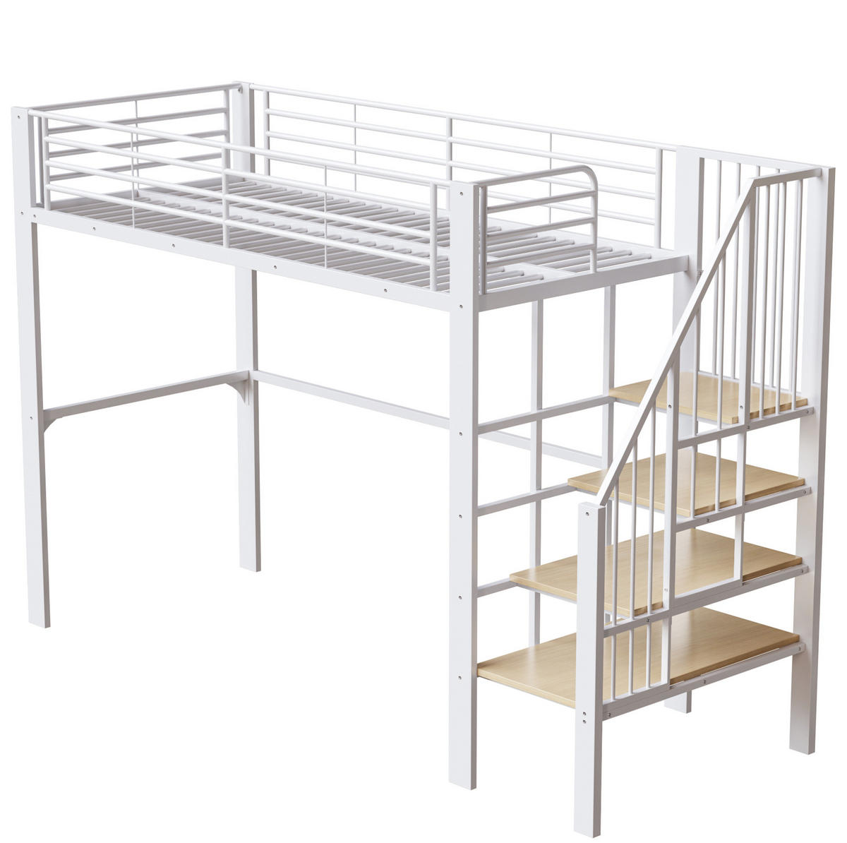 HOCHBETT aus Metall und Holz 90x200 cm Weiß mit Treppe und Stauraum unter dem Bett - Weiß, Metall (90/200cm) - Modfu