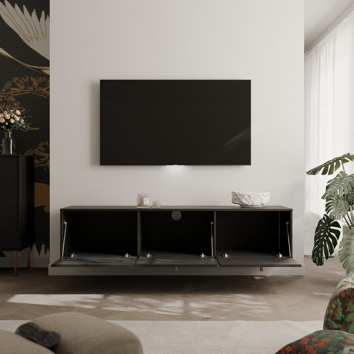 TV-LOWBOARD FLOW 180 cm, hängend, Schwarz - Schwarz, Holzwerkstoff/Metall (180/35/40.5cm) - Idohome