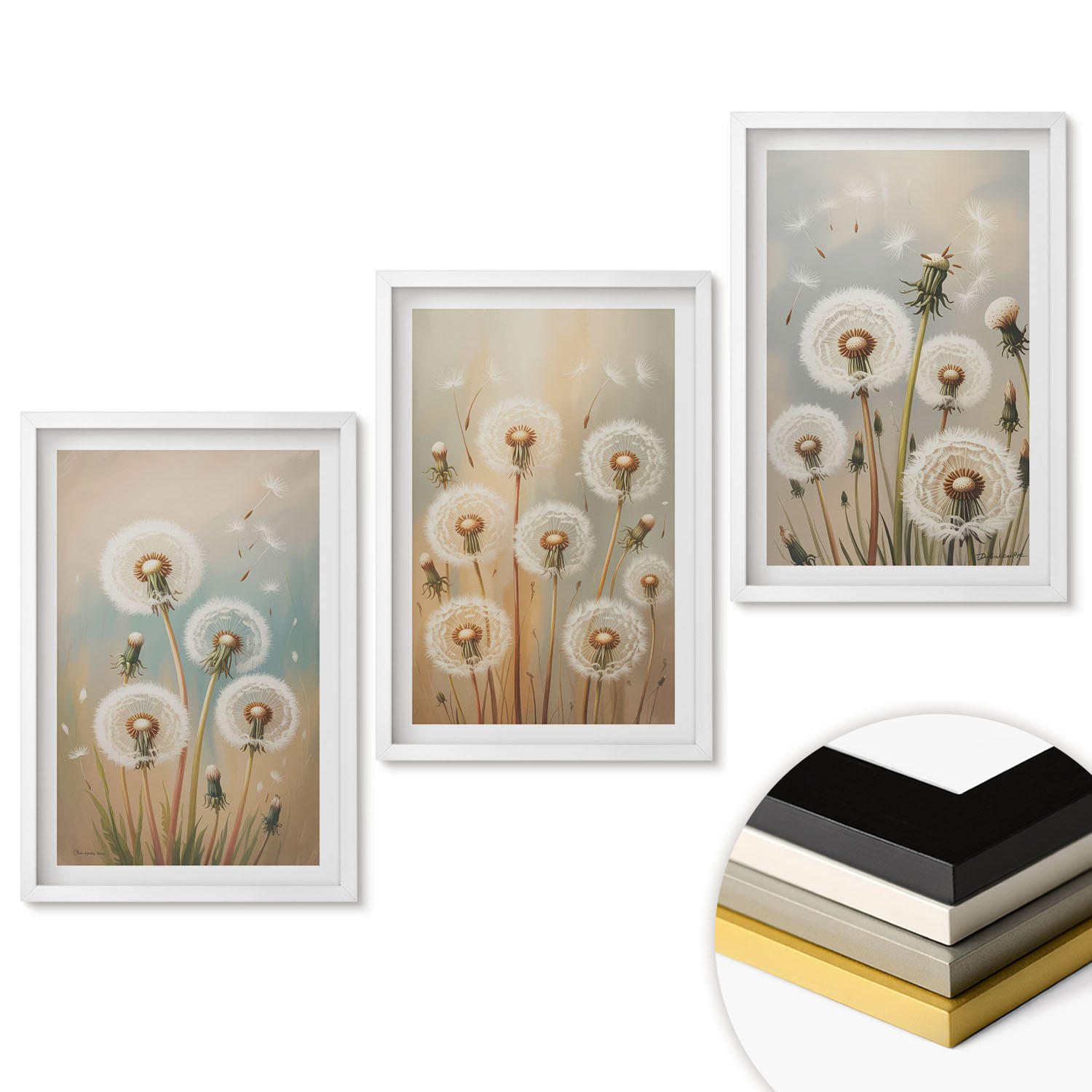 WANDBILDER 3er-Set - 40x60 cm Weißer Rahmen - Pastellfarbene Löwenzahnblüten - Weiß, Kunststoff (40/60cm) - ArtPrintCave