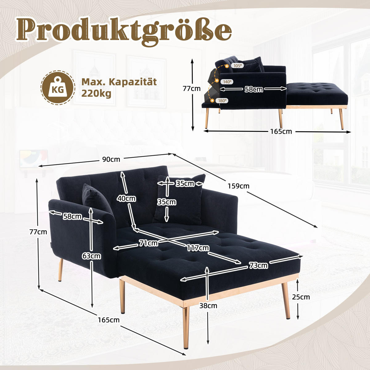 SCHLAFSOFA Zweisitzer,Relaxsessel mit Schlaffunktion,ausziehbar,Samt,Schwarz - Schwarz, Textil (90/77/165cm) - LVHOM