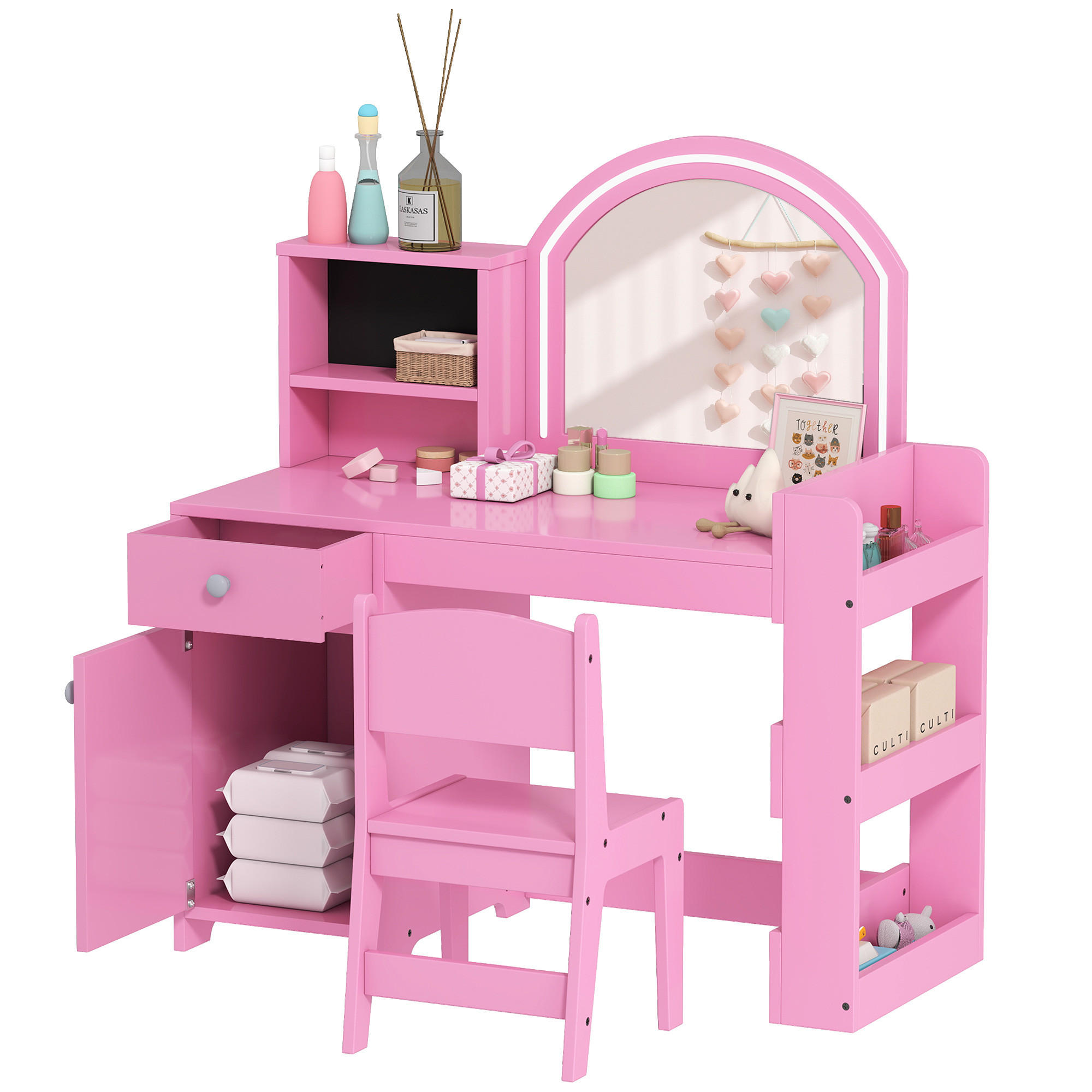 KINDERSCHMINKTISCH DE-18635 LED-Spiegel mit 2 Lichtfarben Rosa - Pink, Holzwerkstoff (38.8/96.9/88.6cm) - ComfortXL