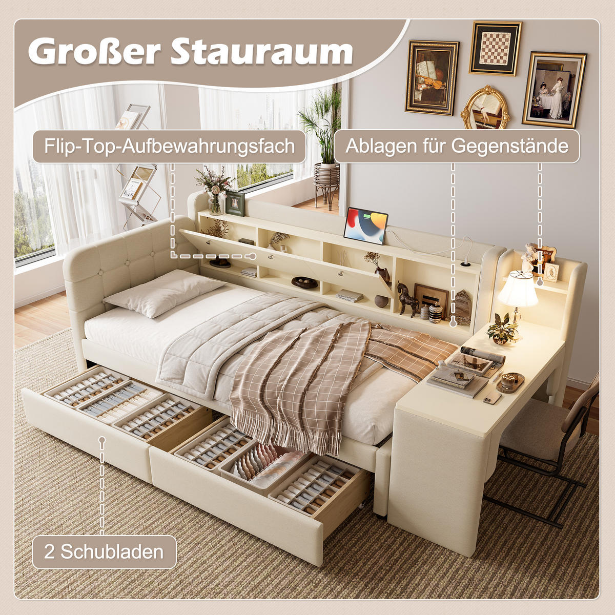 TAGEBETT 90x200cm Beige Leinen 2 Schubladen Schreibtisch USB-C - Beige, Holz (90/200cm) - FLIEKS