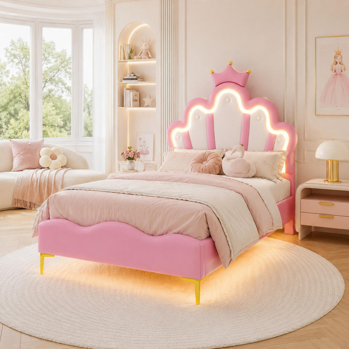 KINDERBETT 90/200 Rosa LED Polsterbett Prinzessin - Rosa, Metall (90/200cm) - Joyfair