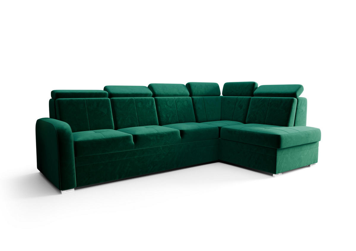 ECKSOFA KONGO RBN11, Eckcouch in L-Form mit Schlaffunktion, Farbe: Grün, Velourstoff, Ottomane Rechts - Grün, Textil (304/180cm) - O-Sofa
