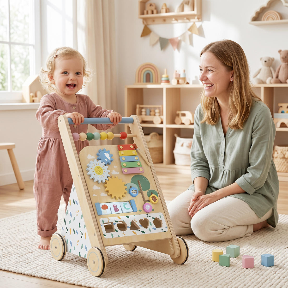 BABY-LAUFLERNWAGEN Mehrschichtplatte Kautschukholz Naturholz Weiß - Naturfarben, Holz (32.4/46/34.5cm) - AIYAPLAY