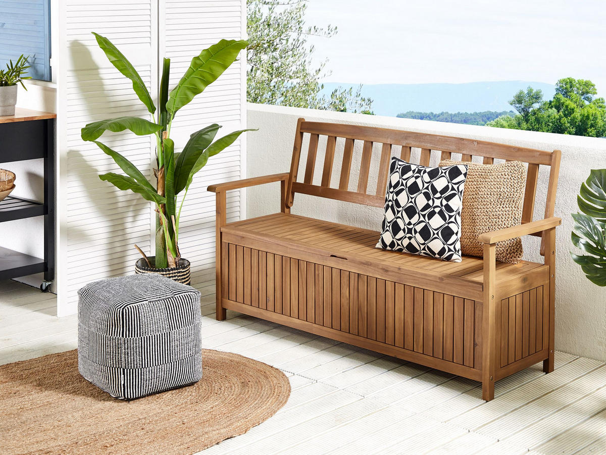 GARTENBANK Akazienholz hellbraun mit Stauraum 160 cm Sovana - Hellbraun, Holz (160/91/60cm) - Beliani
