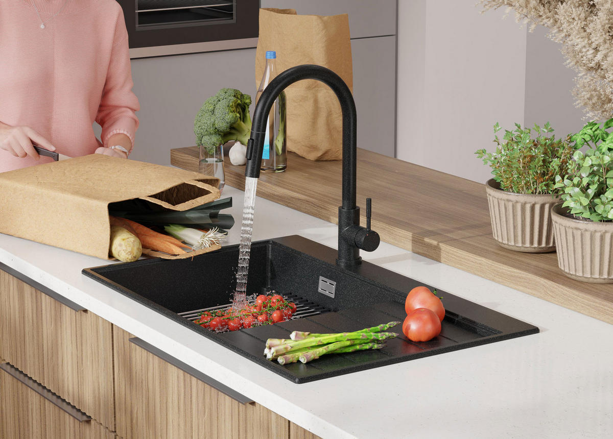 SPÜLBECKEN Sydney, 2-er set Anthrazit 78/50 cm 1 Becken + Ablauf-Set + Küchenzubehörset ab 50er Unterschrank - Chromfarben/Anthrazit, Kunststoff (78/20/50cm) - Primagran