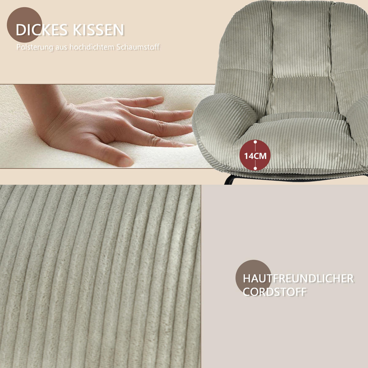 SCHAUKELSTUHL Relaxsessel Gepolstert Mit Cord-Bezug In Beige - Beige, Textil (79/84/111cm) - Meubles Cosy