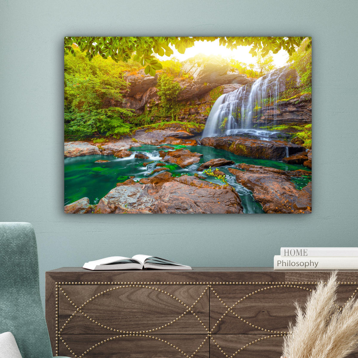 LEINWANDBILD Natur - Wasserfall - Pflanzen - Bäume - Sonne Wandbilder 80x60 cm - Olivgrün, Textil (80/60cm) - MuchoWow