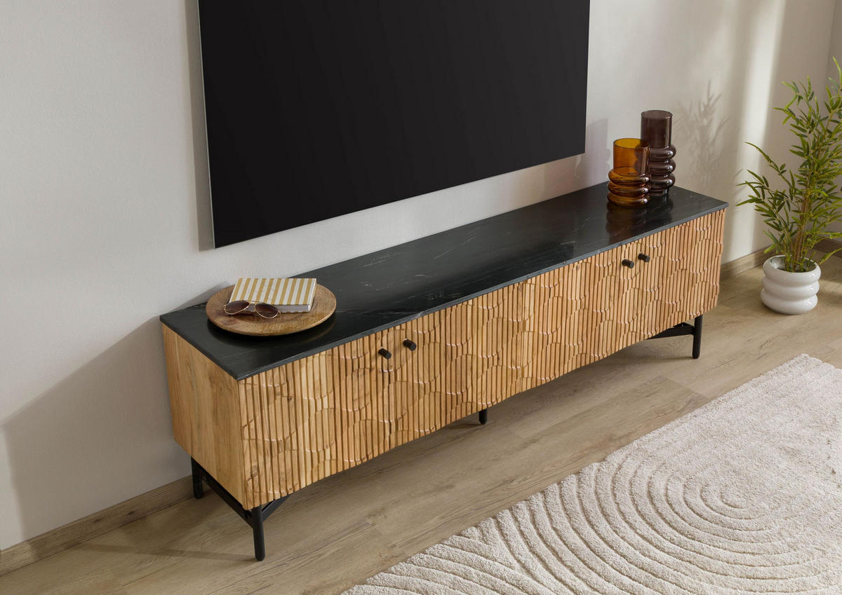 TV-BOARD Akazie 180x40x55 natur lackiert / Marmor schwarz LONDON #105 - Naturfarben, Holz (180/55/40cm) - Massivmoebel24