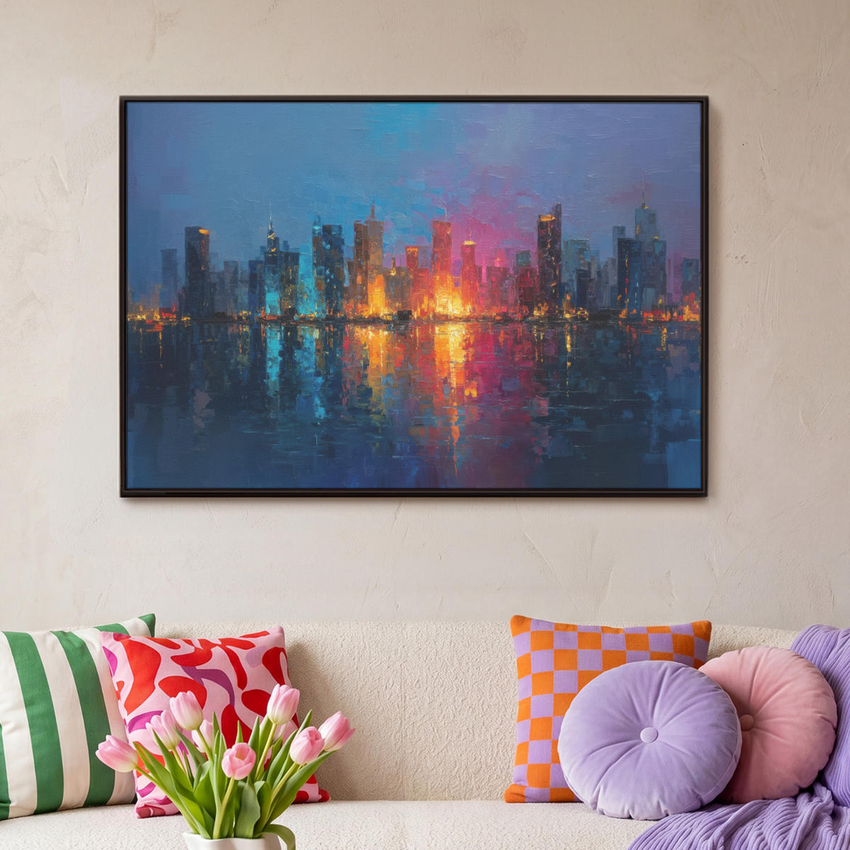 LEINWAND Bilder mit Rahmen - Skyline - Pinselstriche - Dunkelblau - Leuchtend - 90x60 - Blau, Textil (90/60cm) - MuchoWow