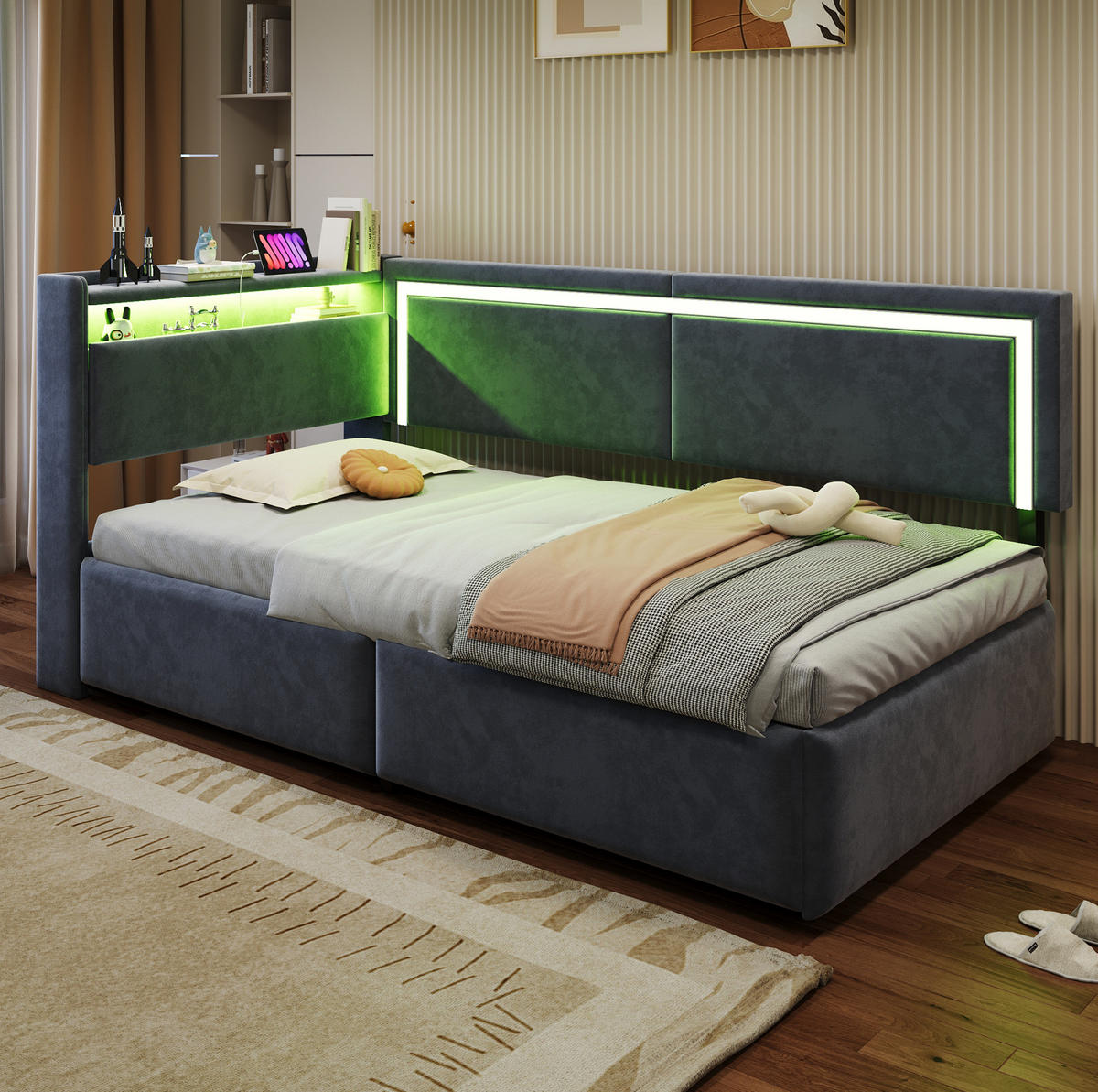ROZKLADACIA posteľ 90/200 cm tmavosivá so LED osvetlením USB a úložným priestorom zo zamatu - sivá, textil (90/200cm) - OKWISH