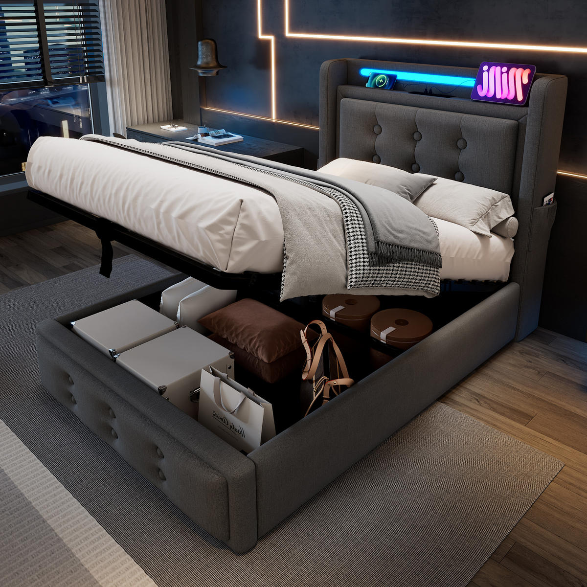 POLSTERBETT 90/200 cm Grau mit LED-Beleuchtung und USB-Ladefunktion Mit Matratze - Grau, Textil (90/200cm) - OKWISH