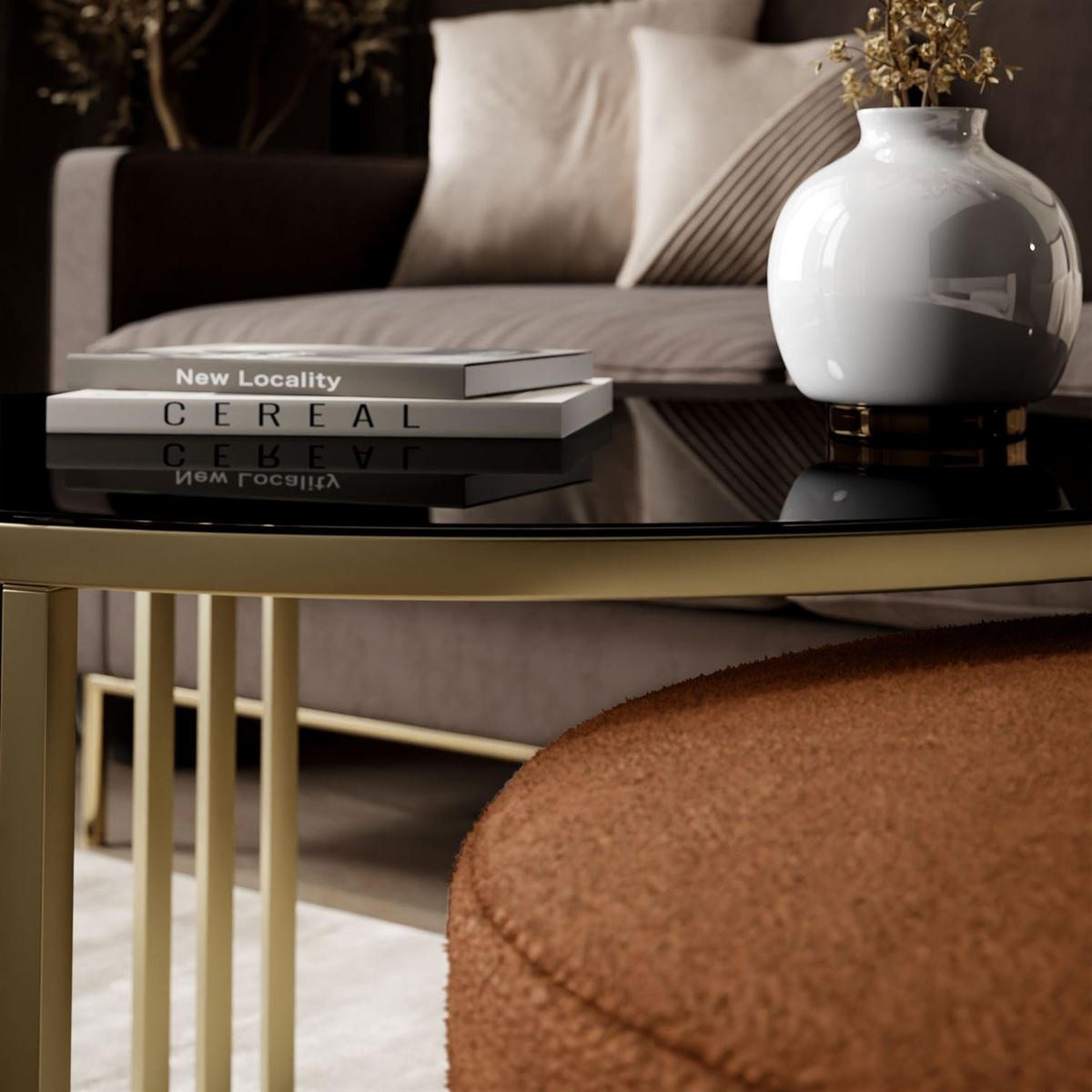 COUCHTISCH mit Hocker LORI GLASS gebürstetes Gold/schwarzes Glas/Perfect Harmony 52 - Schwarz, Metall (70/70/49cm) - Lookway