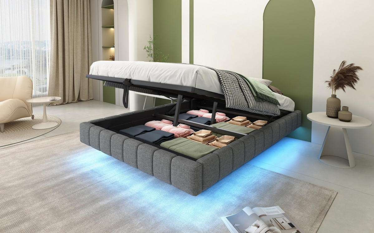 POLSTERBETT 140/200 cm grau aus Stoff mit LED und Stauraum - Grau, Textil (140/200cm) - OKMYHOME