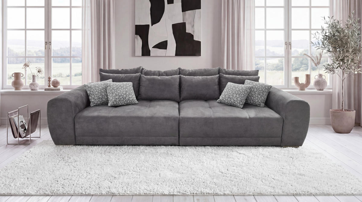 BIG-SOFA Federkern B306/T134/H86 cm, Liegefläche 120x240 cm, Mikrofaser Grau / 15114 - Chromfarben/Grau, Textil/Metall (306/86/134cm) - luma-home