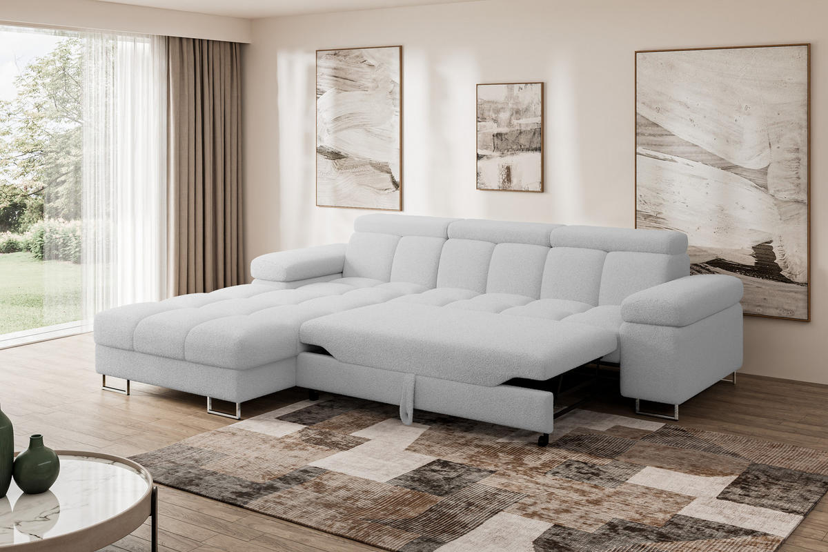 ECKSOFA mit Schlaffunktion Ottomane Links 271x203x79 Hellgrau Bouclé - Edelstahlfarben, Holzwerkstoff/Textil (271/203cm) - ALTDECOR