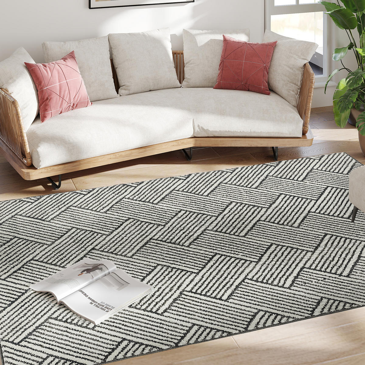 TEPPICH DE-14298 geometrisches Muster, maschinenwaschbar Grau - Hellgrau, Kunststoff (140/200cm) - ComfortXL