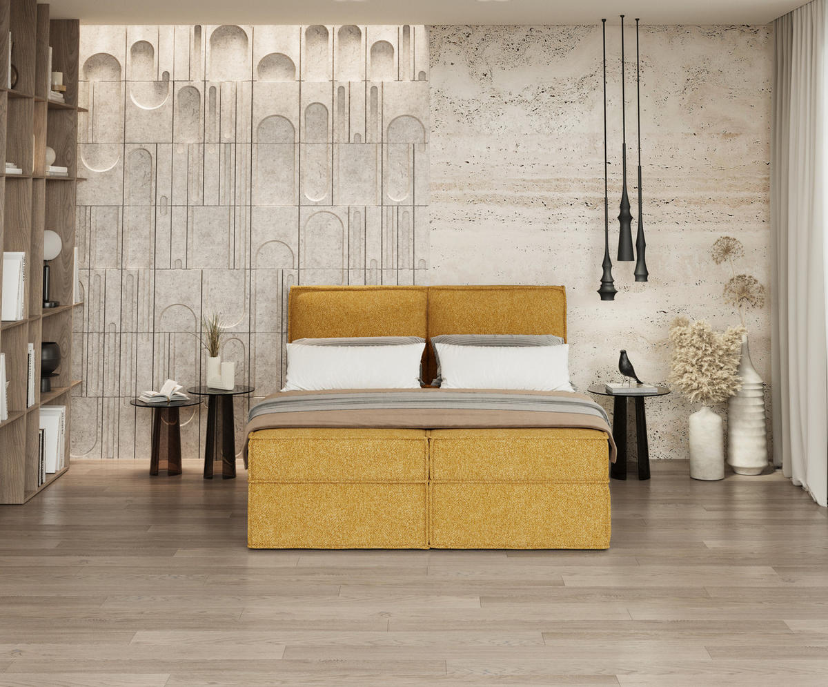 BOXBETT Bergen Gelb 200/200 cm mit Matratze - Gelb/Schwarz, Holz/Holzwerkstoff (200/200cm) - Maison de Reve