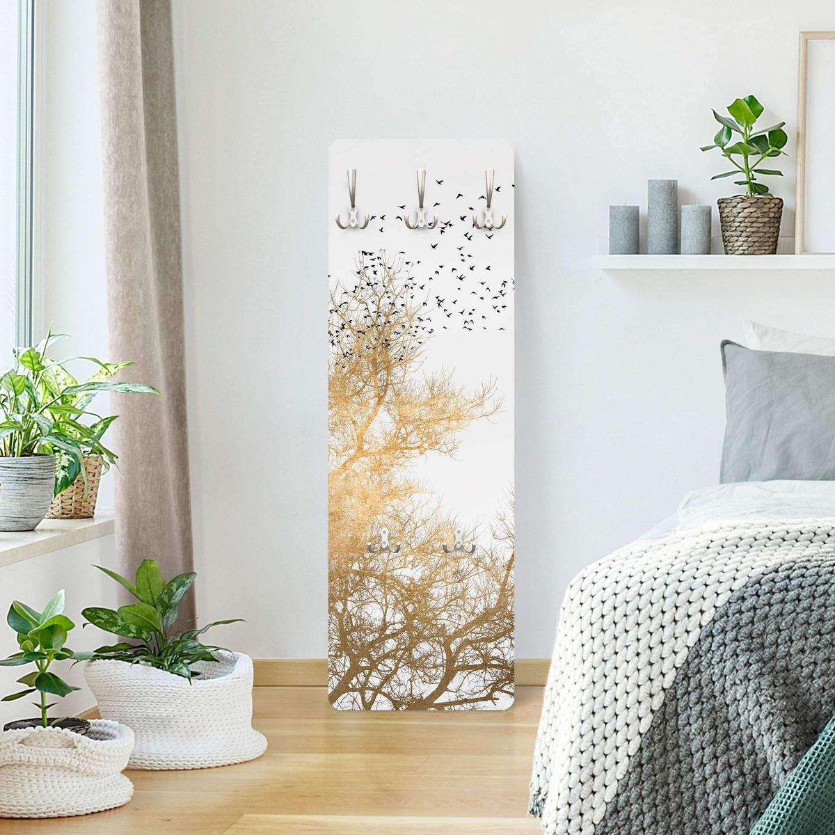 WANDGARDEROBE - Vogelschwarm vor goldenem Baum 34/105 cm - Goldfarben, Holzwerkstoff (34/105/1.6cm) - Bilderwelten