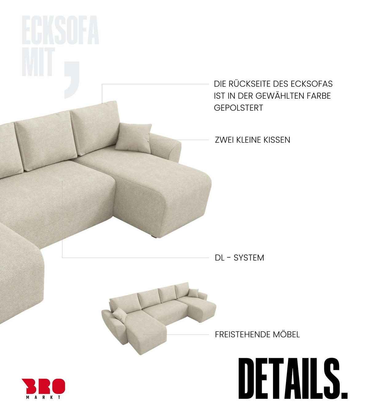 WOHLANDSCHAFT Rotterdam U mit Schlaffunktion Beige Bouclé - Beige, Textil (310/80/141cm) - Bromarkt