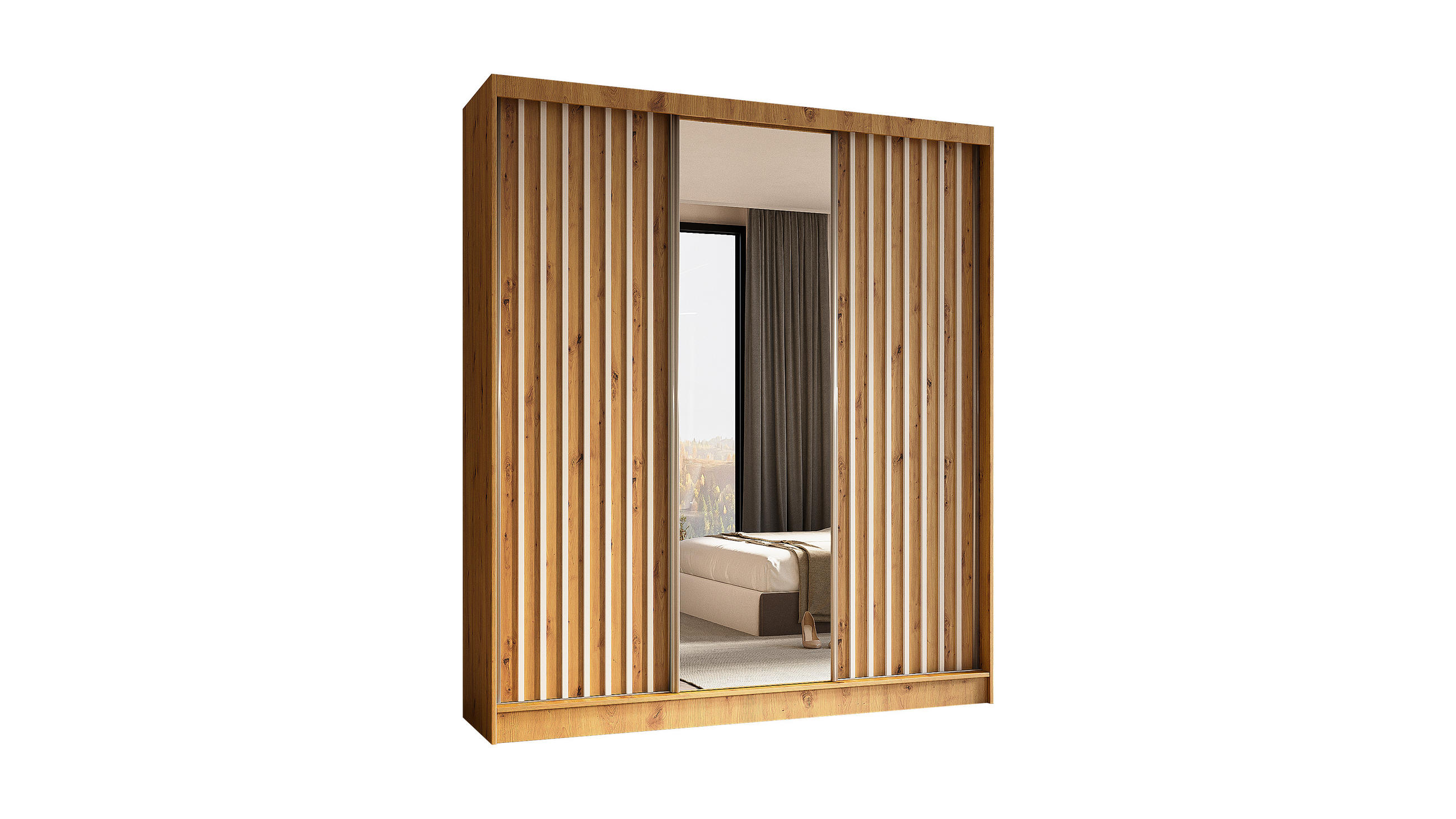 KLEIDERSCHRANK mit Spiegel-Schiebetüren und Aluminium-Leisten - LAMELO - 180 cm Artisan+Artisan+Weiß - Eiche Artisan/Weiß, Holzwerkstoff (180/216/61cm) - ALTDECOR