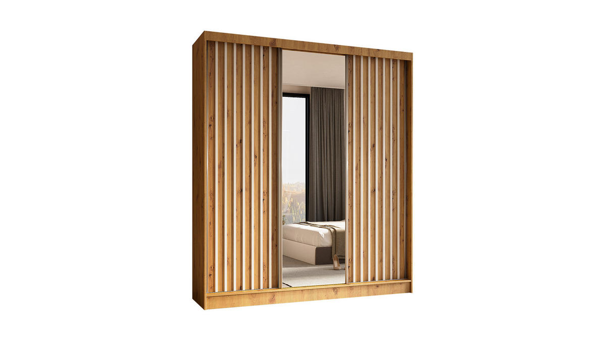 KLEIDERSCHRANK mit Spiegel-Schiebetüren und Aluminium-Leisten, LED-Beleuchtung - LAMELO - 180 cm Artisan+Artisan+Weiß - Eiche Artisan/Weiß, Holzwerkstoff (180/216/61cm) - ALTDECOR