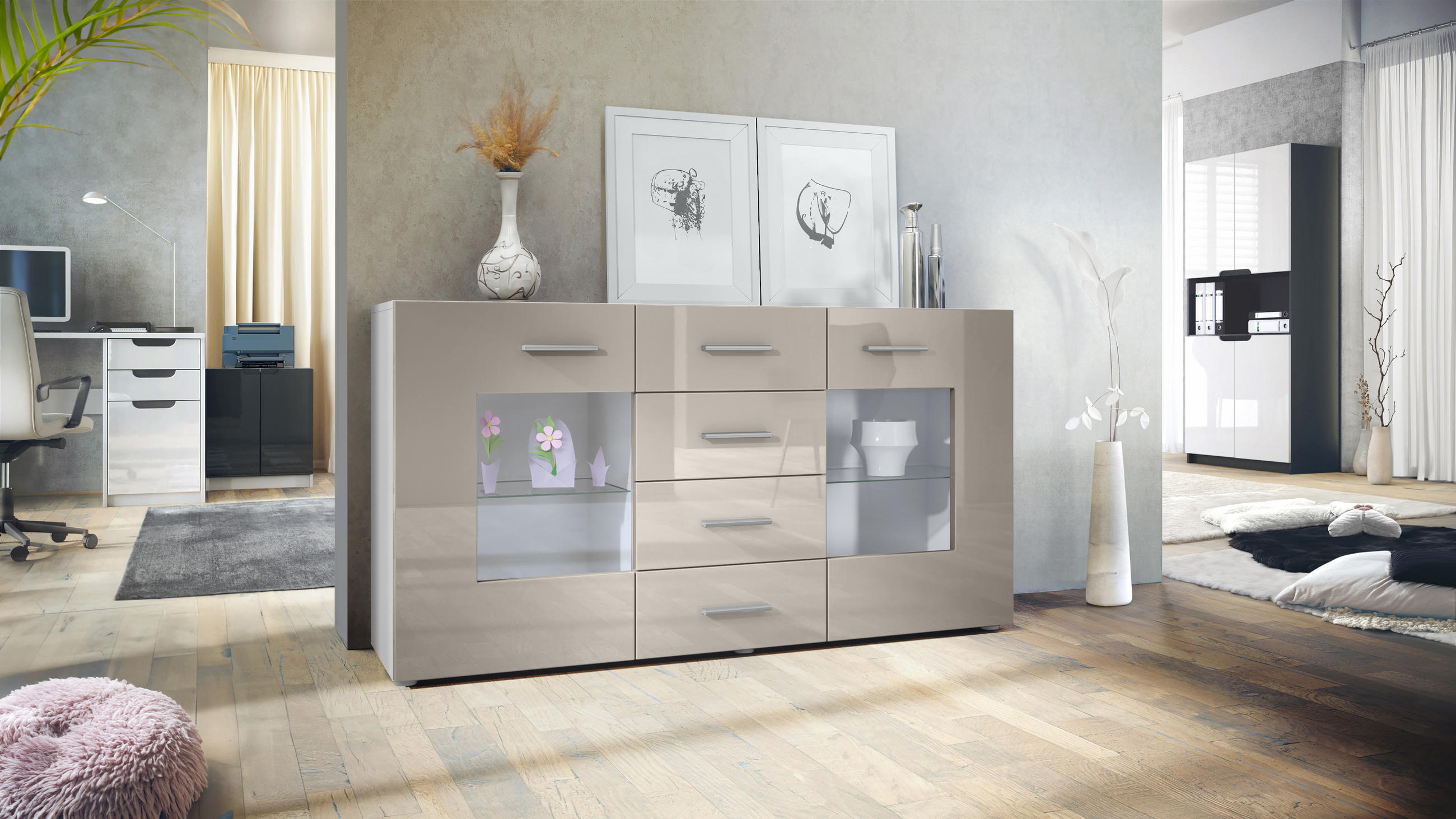 SIDEBOARD Noah Sandgrau Hochglanz - Sandfarben, Holzwerkstoff (139/72/35cm) - Vladon