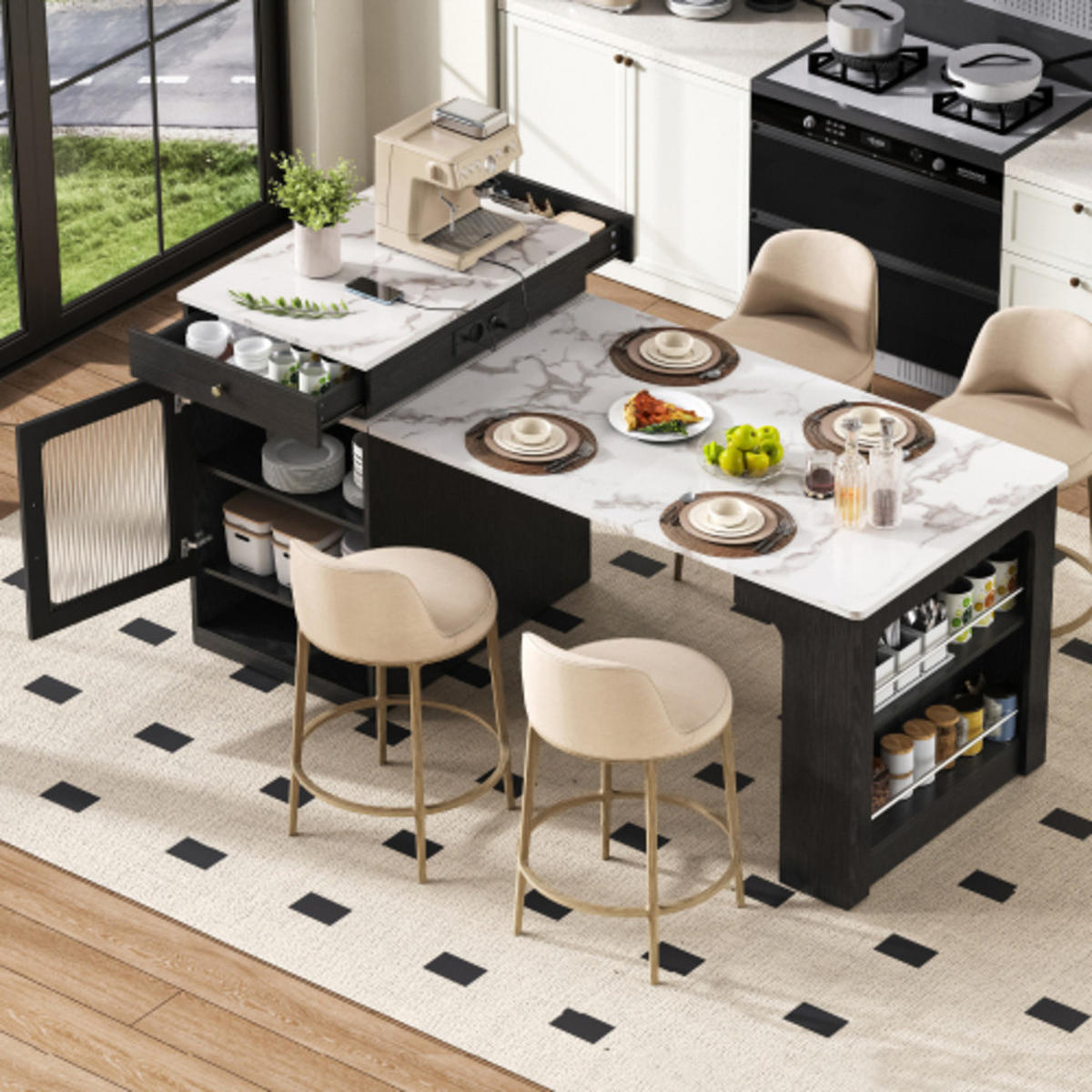 SIDEBOARD mit Riffelglastüren & Steckdosenstation schwarz 80×71-151×92 cm aus MDF und Glas - Schwarz, Holzwerkstoff (80/92/151cm) - Luhomfu
