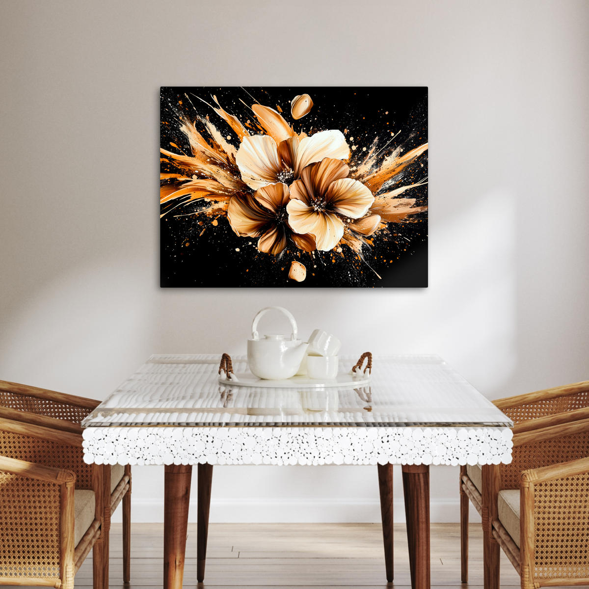 LEINWANDBILD Blumen - Gold - Graffiti - Schwarz - Abstrakt Wandbilder 80x60 cm - Cappuccino, Textil (80/60cm) - MuchoWow