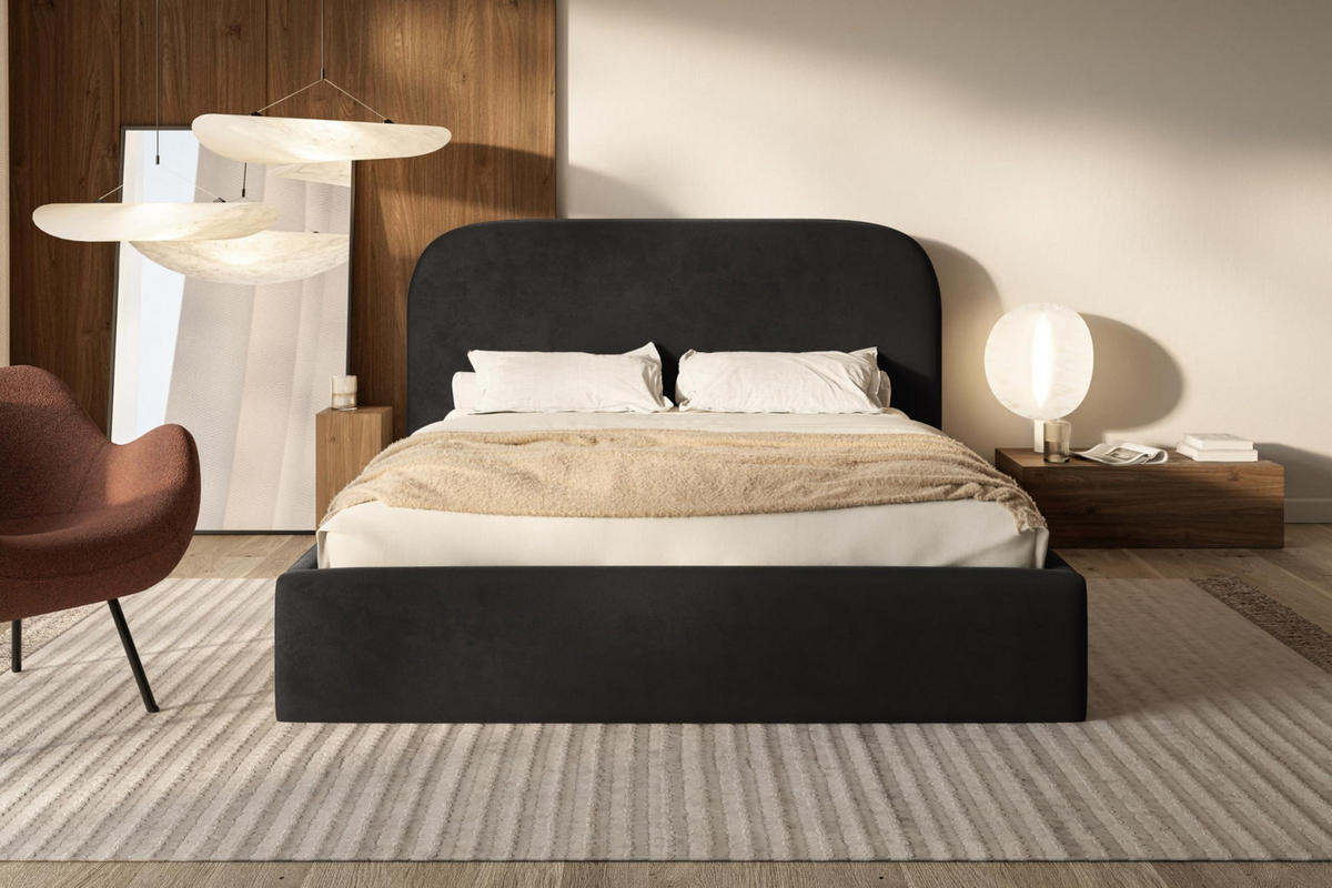 BETT 160x200 - Polsterbett mit Bettkasten und Holzrahmen - Modern Betten - Amor-Samtstoff - Kollektion Verona - Schwarz - Schwarz, Holz/Textil (160/200cm) - Alpi-Möbel