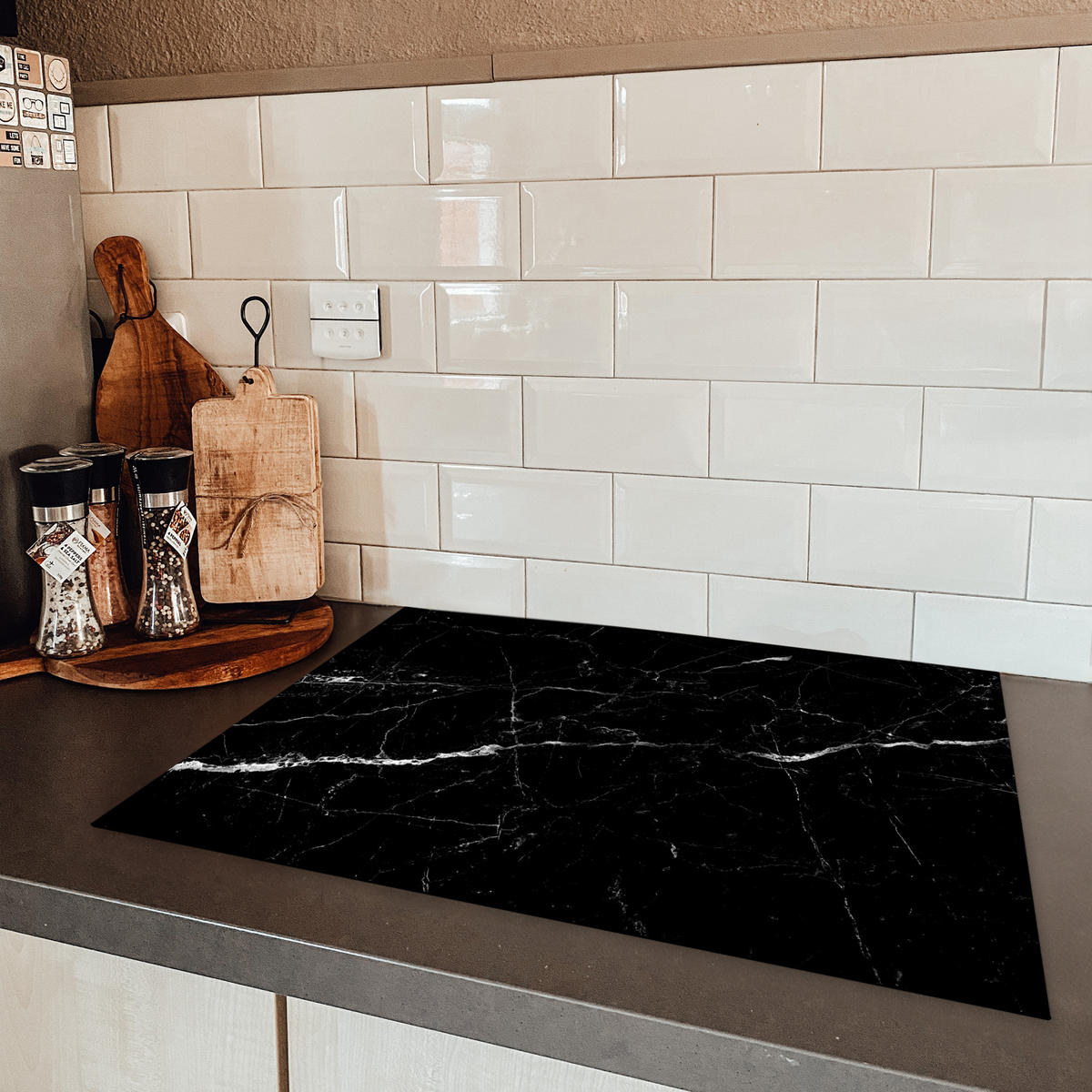 HERDABDECKPLATTE Marmoroptik - Schwarz - Luxus 70x52 cm - Grau, Kunststoff (70/52/0.2cm) - MuchoWow