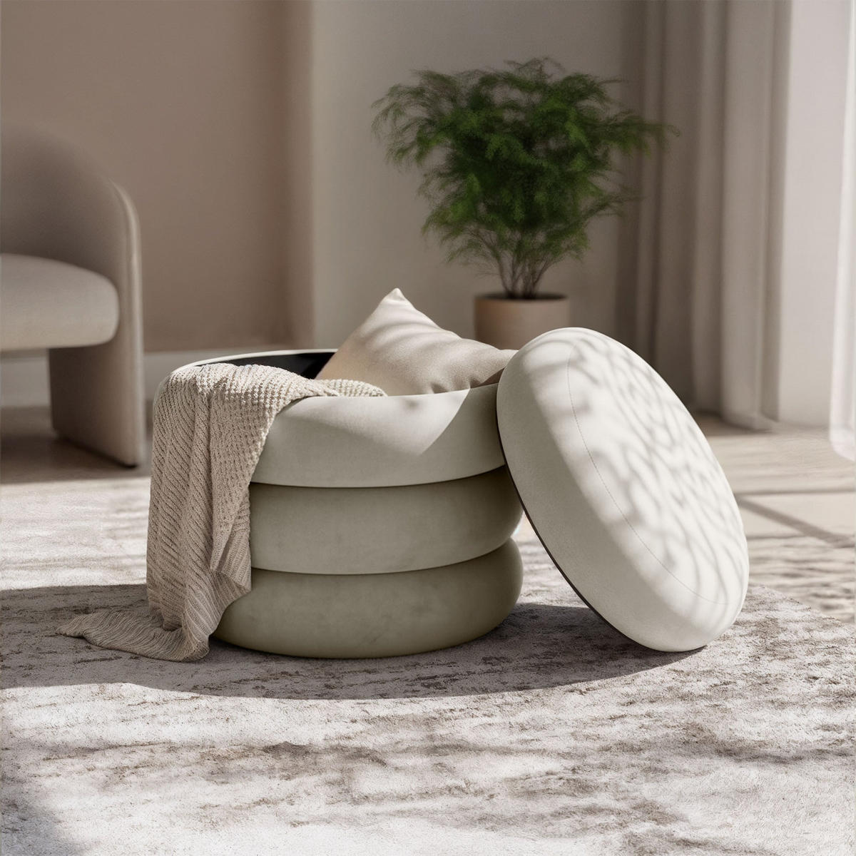 PRESVUČENI POUF s pohranom, krem - krem, tekstil (42/45/42cm) - RAUMHIRSCH FURNITURE