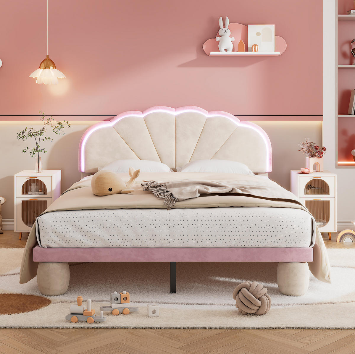 SAMT-POLSTERBETT 140/200 cm mit LED-Beleuchtung und gepolstertem Kopfteil - Beige, Textil (140/200cm) - BEAOK