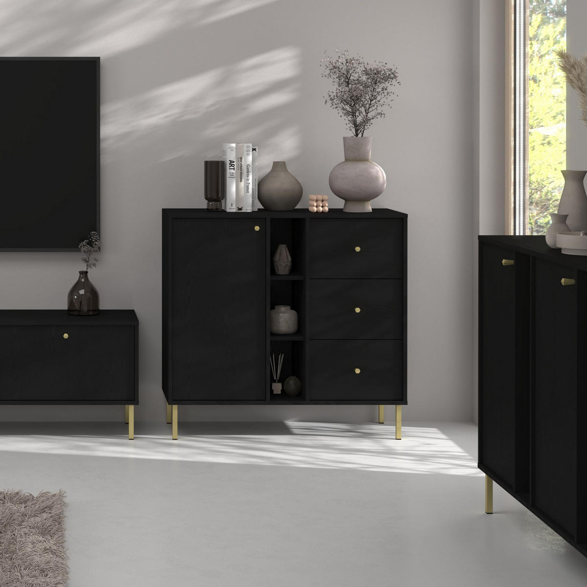KOMMODE TORINO 100/95/41 cm mit 3 Schubladen 1 Türen Graphitfarben - Graphitfarben, Holzwerkstoff (100/95/41cm) - MASSENO
