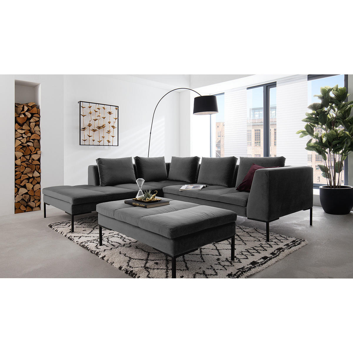 ECKSOFA mit Ottomane - Schwarz/Grau, Textil/Metall (255/230cm) - home24