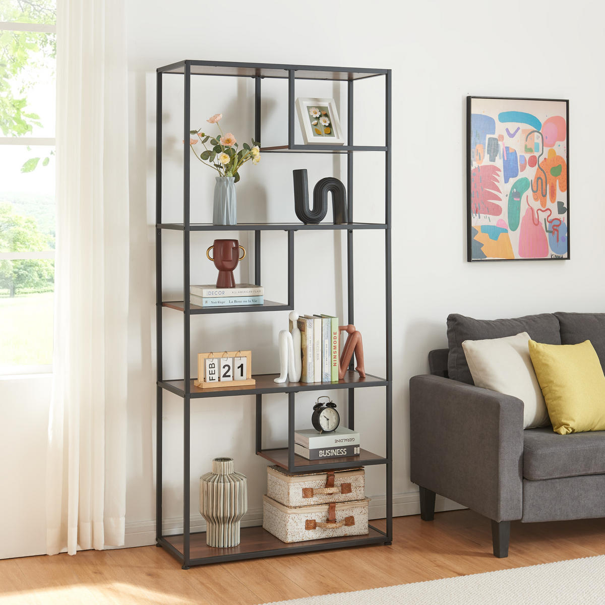BÜCHERREGAL Østre - Walnussfarben/Schwarz, Holzwerkstoff/Metall (83/180/34cm) - [en.casa]