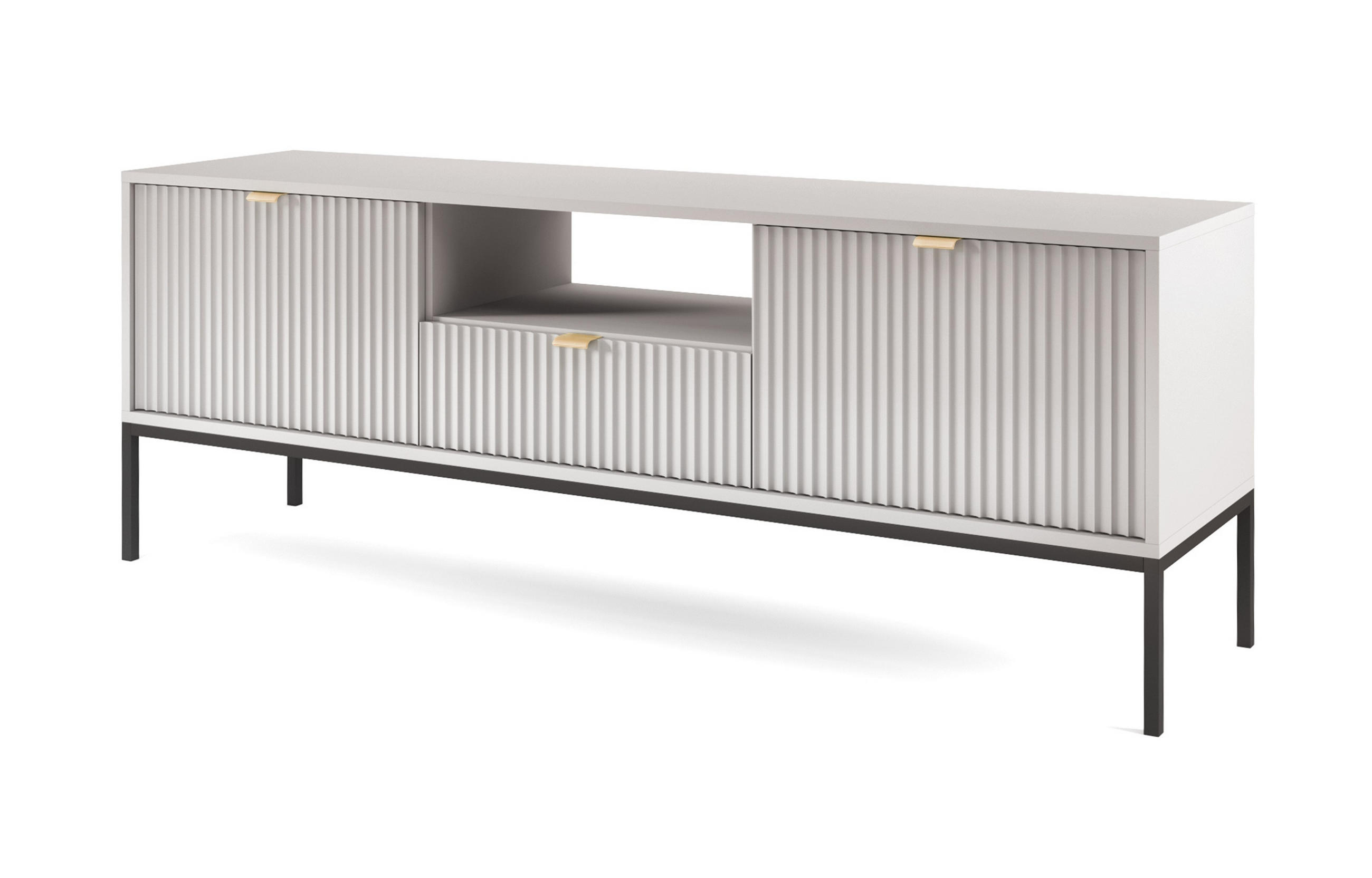 LOWBOARD Eternas 2T 1S Grau 154/56/39 cm – schwarze Füße, mit geriffelten Fronten und offener Ablage - Schwarz/Grau, Holzwerkstoff (154/56/39cm) - AX Living
