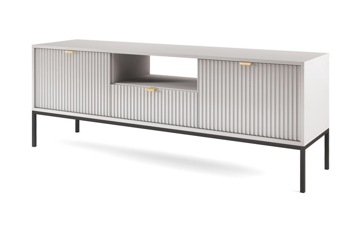 LOWBOARD Eternas 2T 1S Grau 154/56/39 cm – schwarze Füße, mit geriffelten Fronten und offener Ablage - Schwarz/Grau, Holzwerkstoff (154/56/39cm) - AX Living