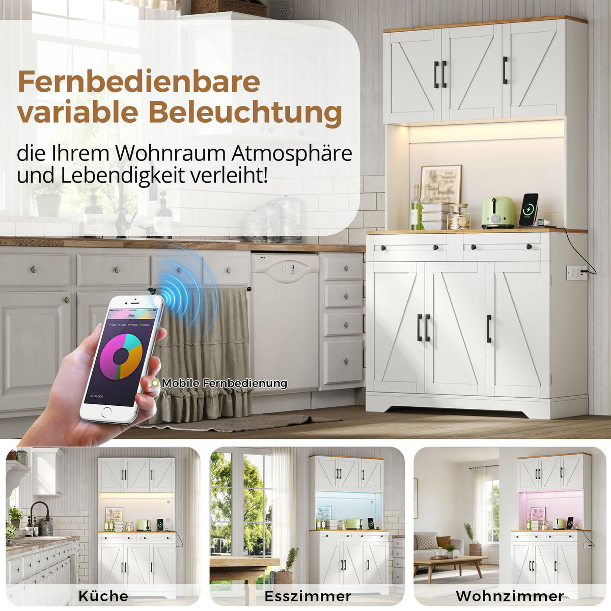 BUFFET DE-38733 100/40/180 cm LED-Beleuchtung und ausziehbarer Organizer Weiß - Weiß, Holzwerkstoff (100/180/40cm) - ComfortXL