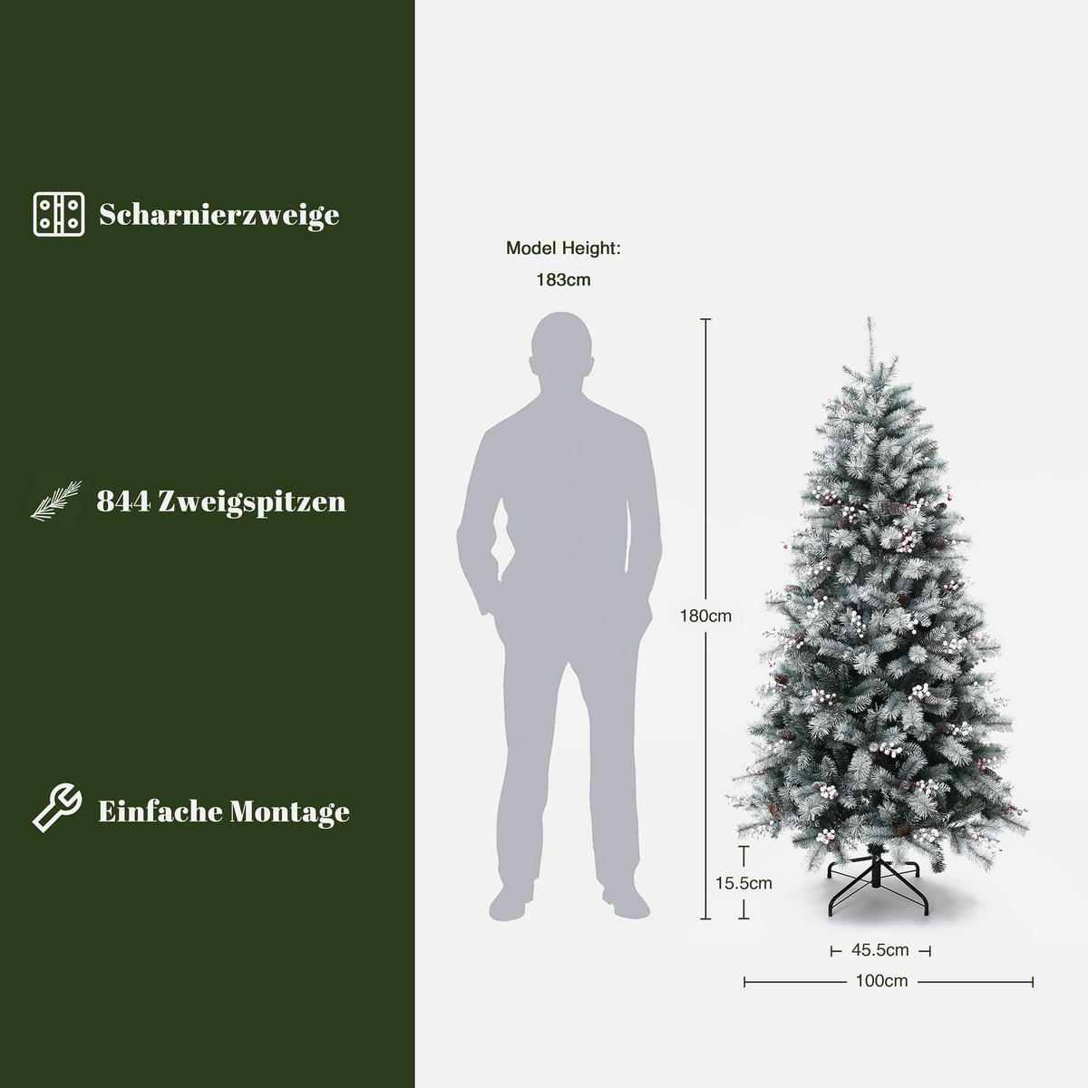 KÜNSTLICHER Weihnachtsbaum 180 cm mit Schnee – Naturgetreu - Grün, Kunststoff/Metall (180cm) - Hometopia
